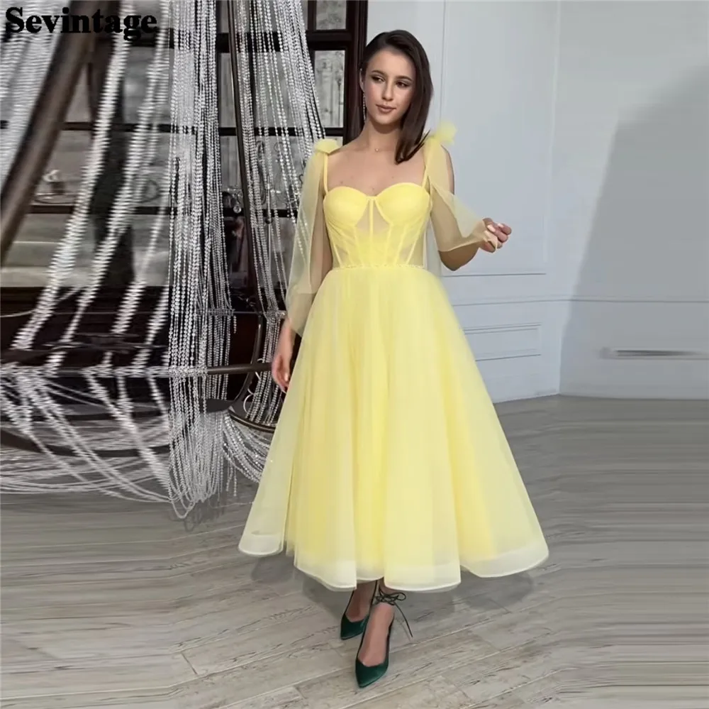 

Sevintage Hearty Faint Yellow Prom Gowns Tulle Spaghetti Strap A-Line Pleat Ruched ballkleider Women Evening Gowns Outfits 2023