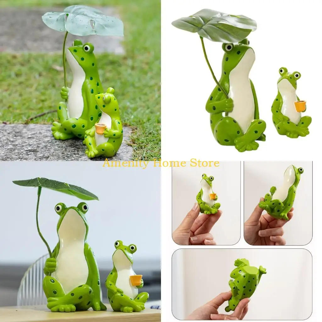 F26C Resin Frogs Figurine Ornament With Leaf Umbrella Design, Garden Statue Set for Balconies, Plant Arrangement, Entry Gardens