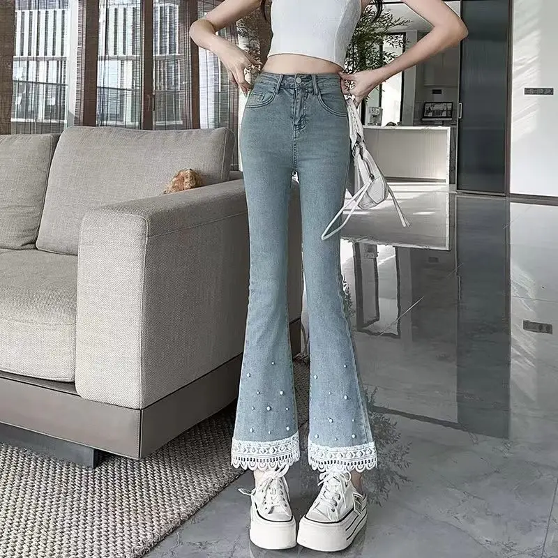 Women's Flare Jeans Spring Summer High Waist Cropped Denim Pants Petite Lace Trim Slim Fit Vintage Casual Trousers