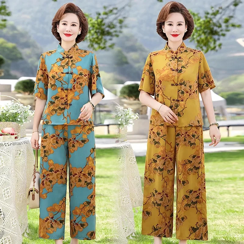 

Middle Aged Mom's Summer Short Sleeved T-shirt Top 2023 New Middle-aged and Elderly Women's Spring Clothing Chiffon Shirt Set