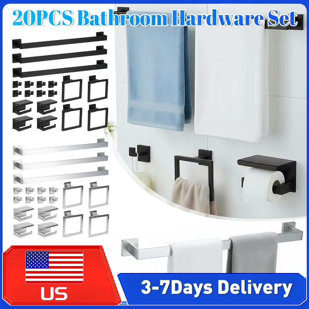

20Pcs Bathroom Hardware Accessory Set Stainless Steel Towel Rack Ring Bar Toilet Paper Holder Hook Wall Mounted for Bathroom ﻿