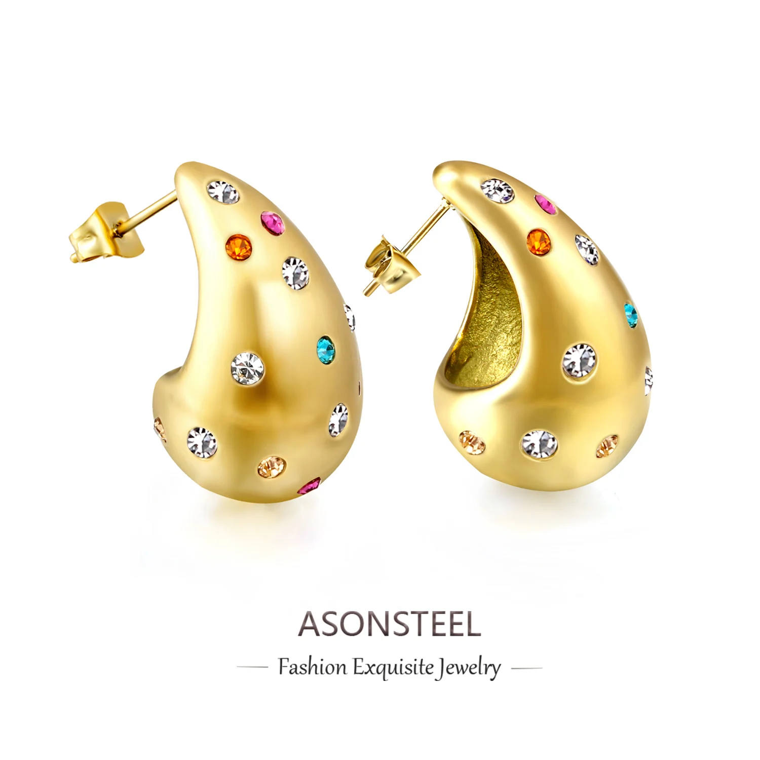 

ASONSTEEL New Design Cubic Zirconia Piercing Stud Earrings Stainless Steel For Women Jewelry Water Droplet Shaped Hollow Chic