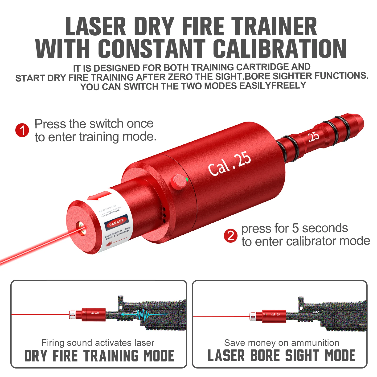 

.25 dual-purpose magnetic laser training calibrator, dry powder laser training cartridge