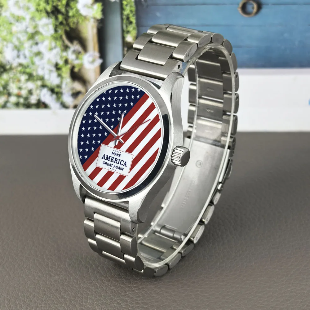 Personalized Unisex Watches Make America Great Again Flag Dial 5BAR Waterproof Steel Case Leather Silicone Strap Customizable