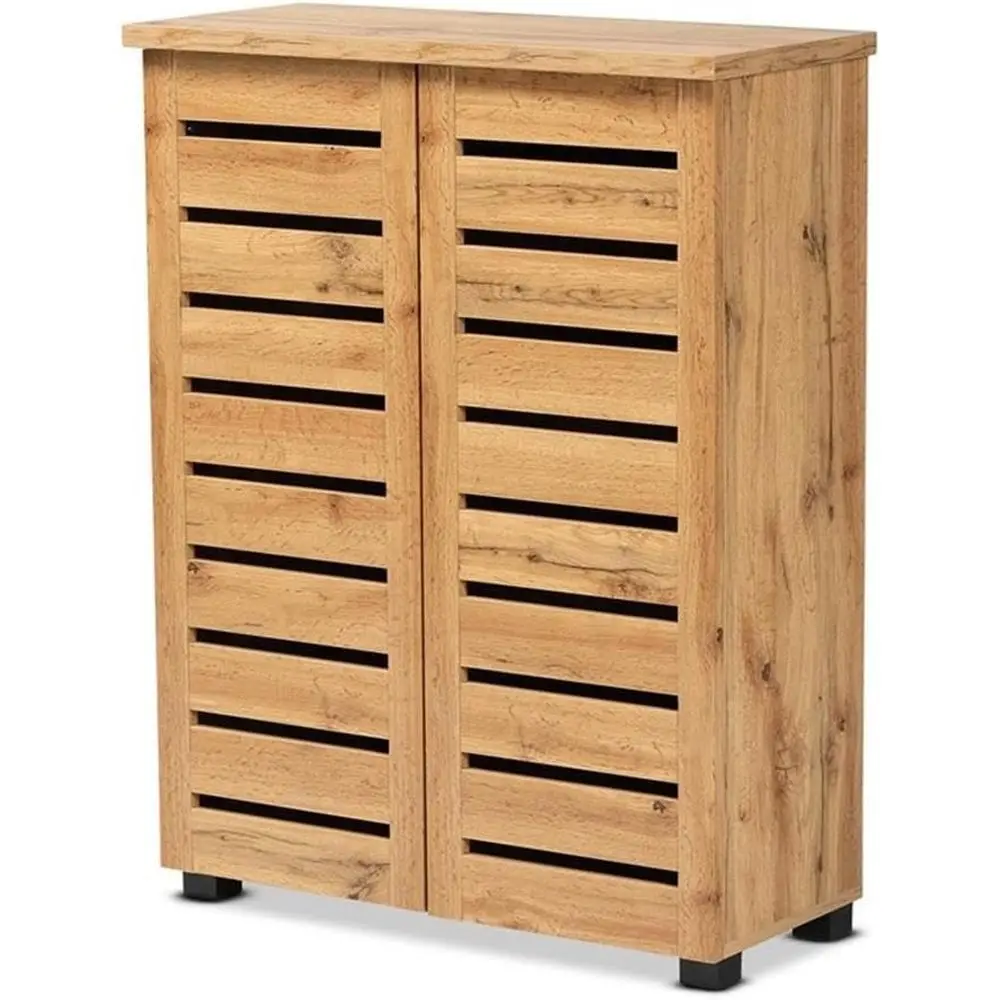 

Two-Door Oak Brown Shoe Storage Cabinet, 38.34 H x 30.24 W x 13.23 D, Holds 15 Pairs, Ventilated Organizer for Entryway or Close