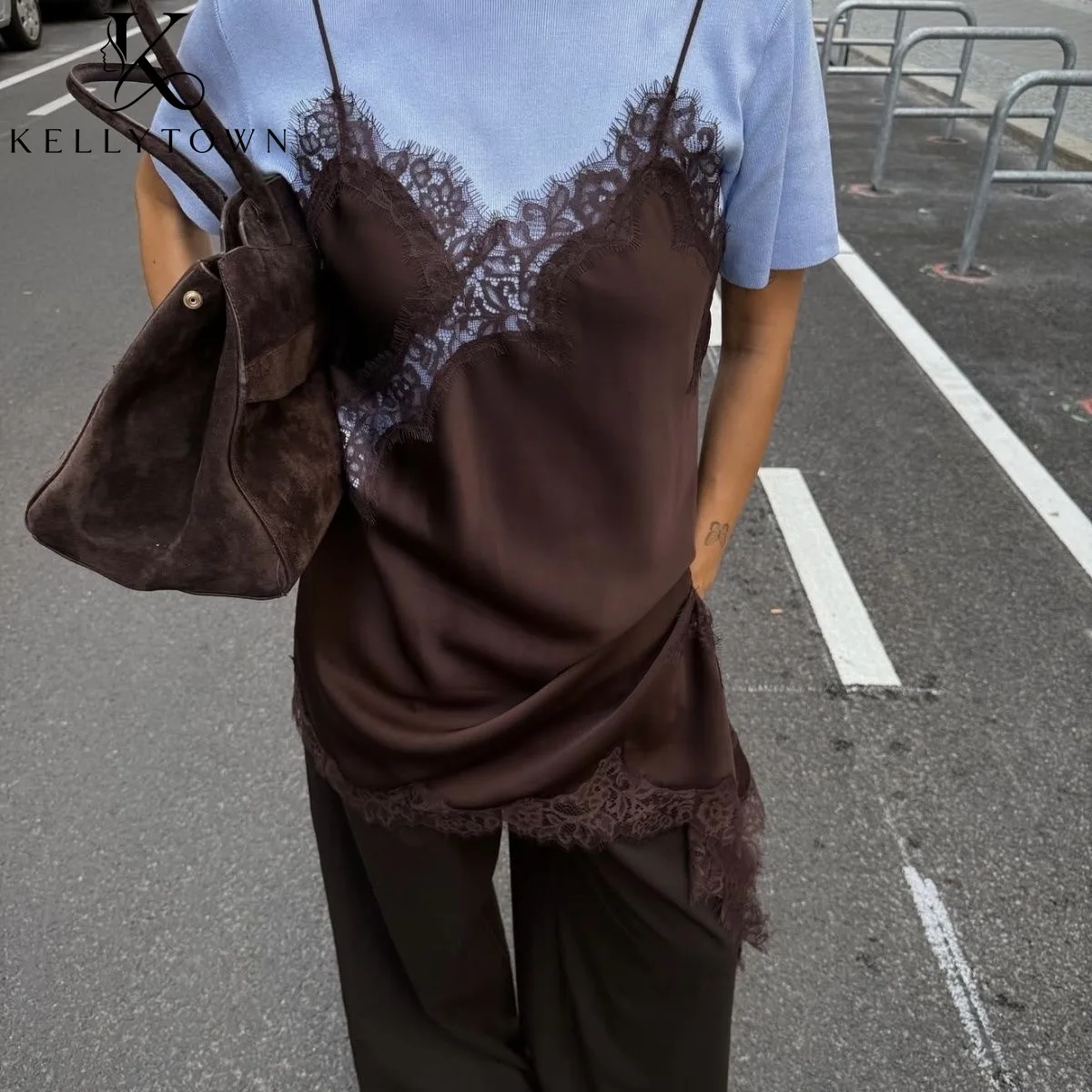 

Asymmetrical Lace Tops Women Satin Top Vest Y2K Clothes Elegant Spaghetti Strap Street Sexy Sleeveless Backless Camisole Tops