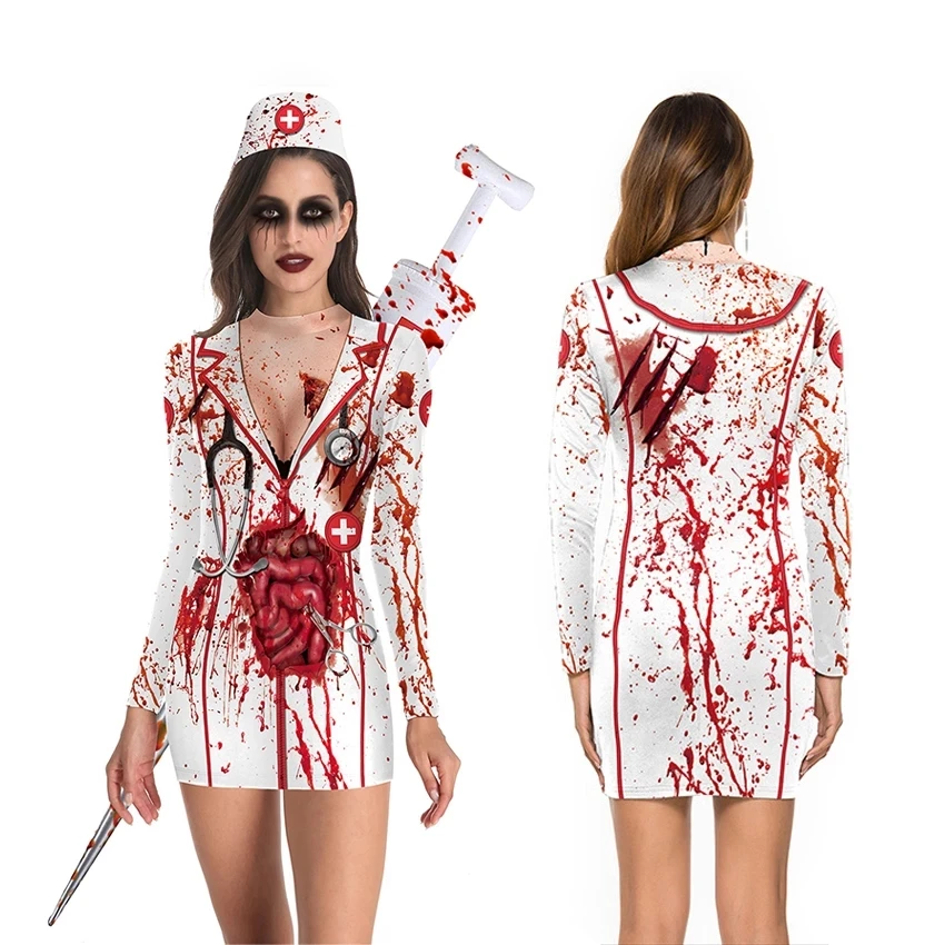

Bloody Nurse Costume Halloween Horror Costumes Party Zombie Dress Cosplay Sexy Ladies Round Neck Long Sleeve Printed Dress Women