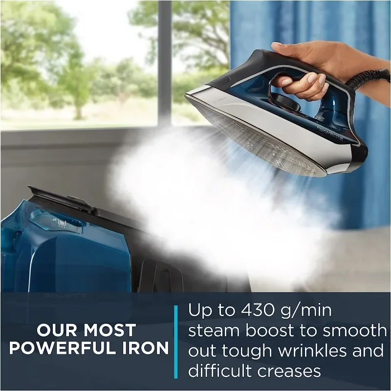 مكواة بخار روينتا للملابس، قاعدة ستيم برو من الفولاذ المقاوم للصدأ، خزان قابل للإزالة 1.1 لتر، 1800 وات، أزرق