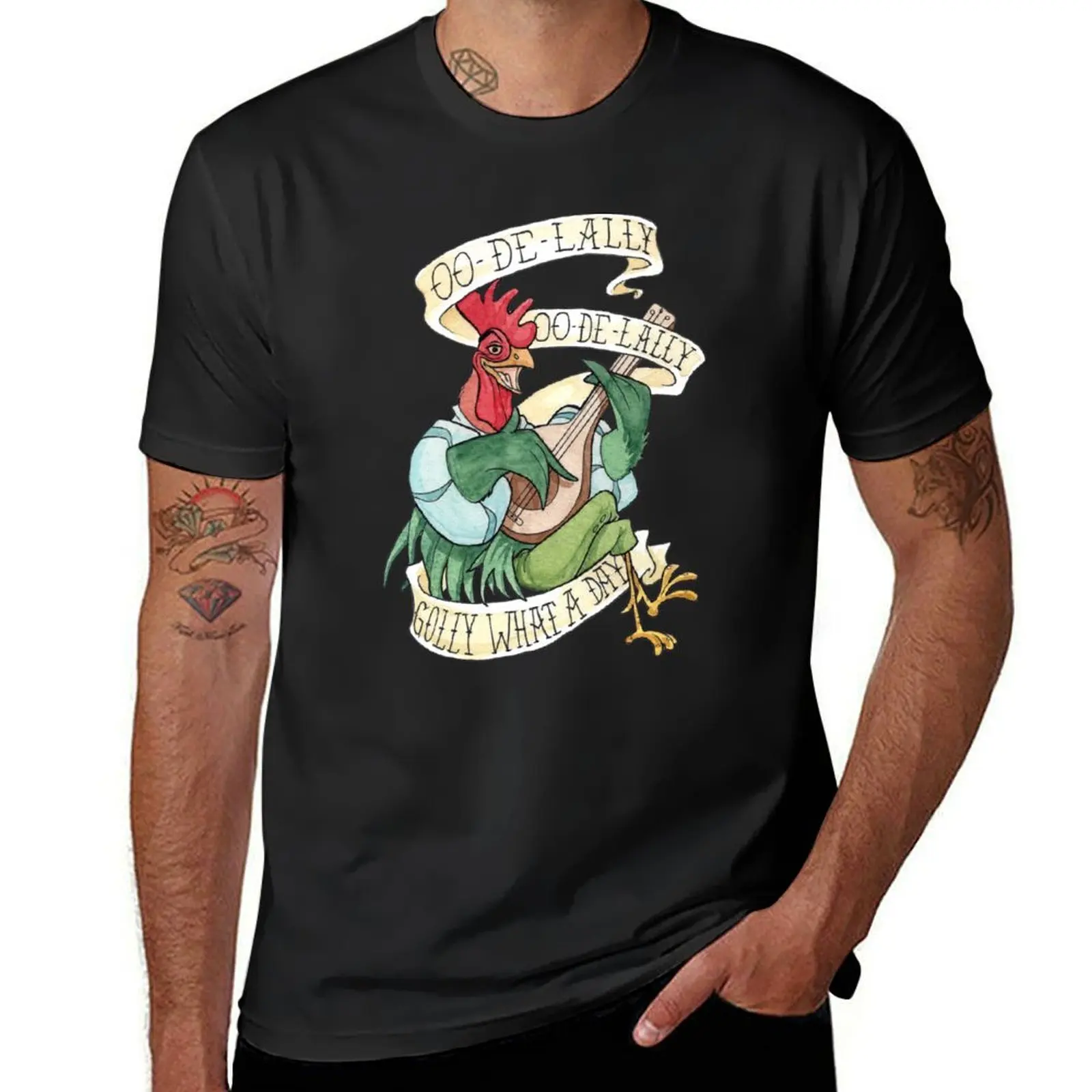 

Alan-A-Dale Rooster : OO-De-Lally Golly What A Day Tattoo Watercolor Painting Robin Hood T-Shirt customs t shirt for men