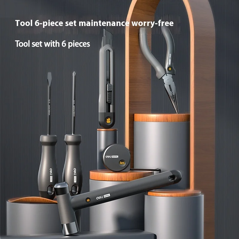 Deli-Juego de herramientas para el hogar, serie de destornilladores para el hogar, llave de cinta, tornillo de banco, cuchillo artístico, colección de herramientas de correa de materia prima
