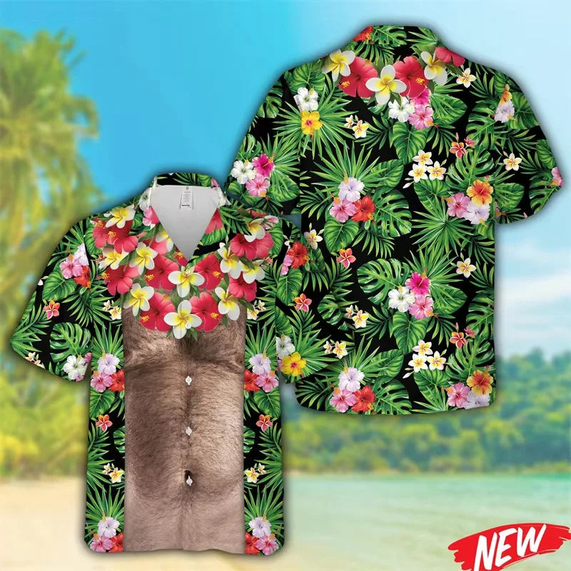 Funny Hairy Chest Pattern Hawaiian Shirt Men 3d Printed Muscle Man Body Button Shirt Novelty Beach Holiday Short Sleeve Shirts
