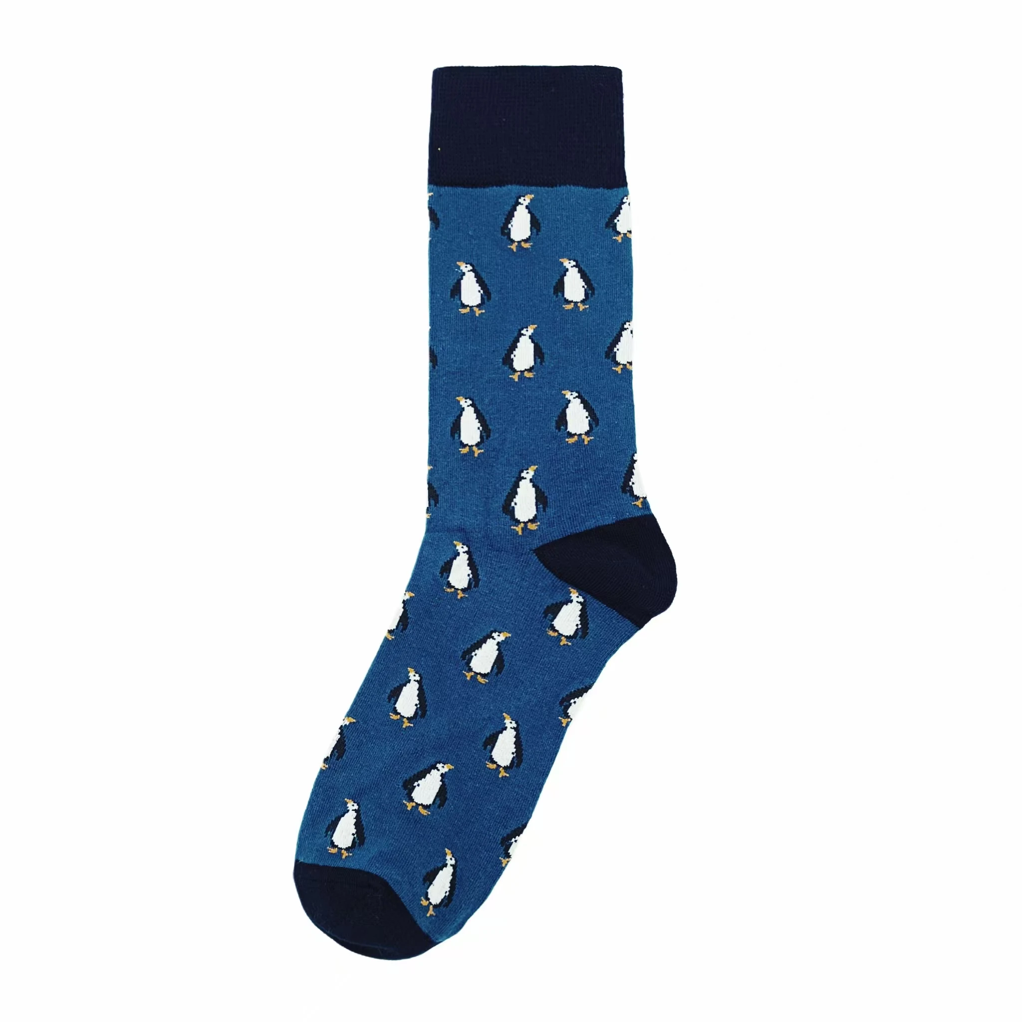 1 pair of men's fashion cartoon dark blue full-print penguin pattern personalized trendy mid-calf socks