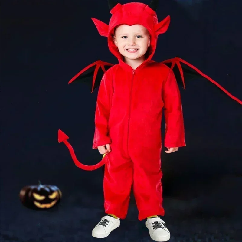 Kids Baby Red Devil Costume Unisex Child Cosplay Costume Jumpsuit Halloween Boy Monster Girls Bat Performance Costume School