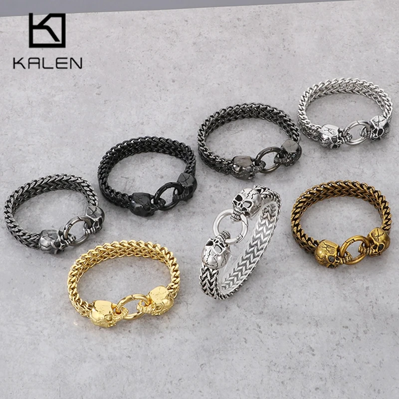 KALEN Punk Stainless Steel Skull Charm Bracelet for Men Shiny Mesh Chain Bangle Man Jewelry Vintage Accessory Personalized Gift