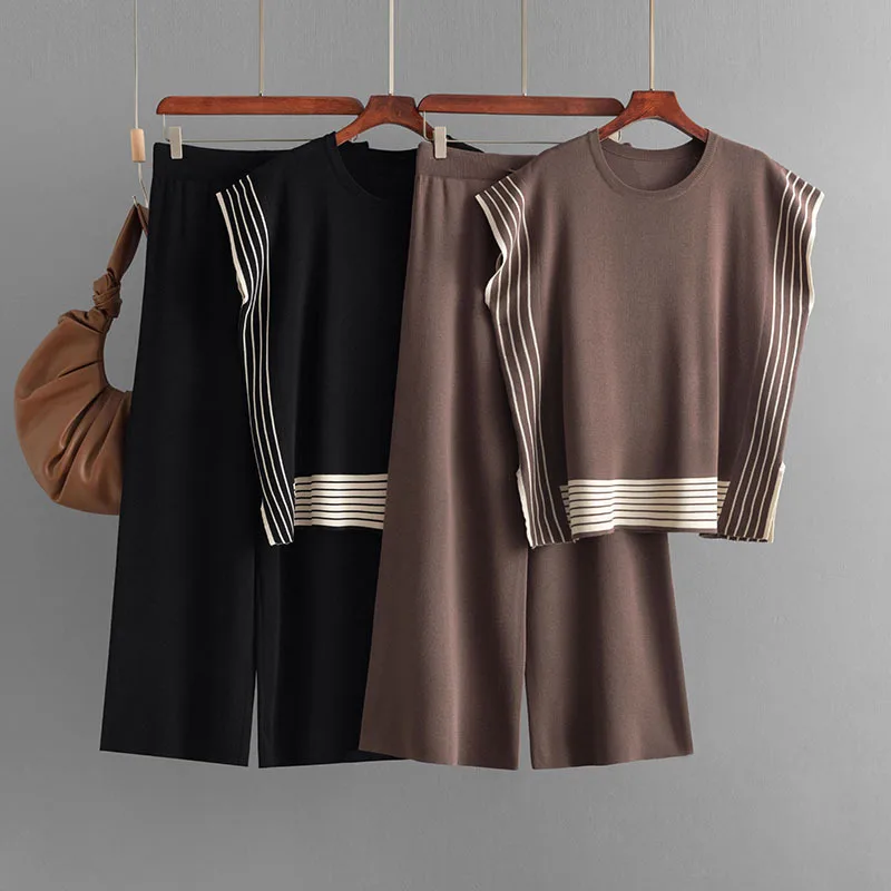 Women's Fashion Set Export-Grade Striped Patchwork Round-Neck Loose Knit Top with High-Waisted Straight-Leg Wide-Leg Pants