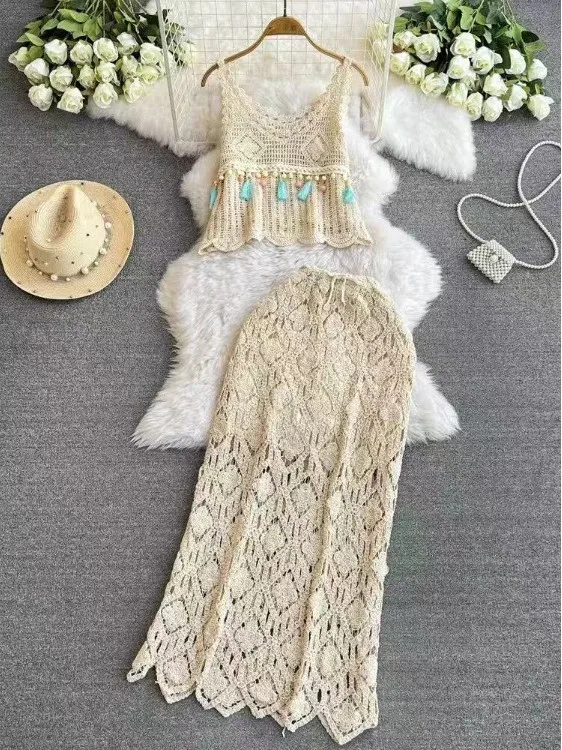 

n Sle Summer Vaion Hollow out Hook Flower Top f Skirt Two Piece Set Long Pants round Ne Svel Outfit