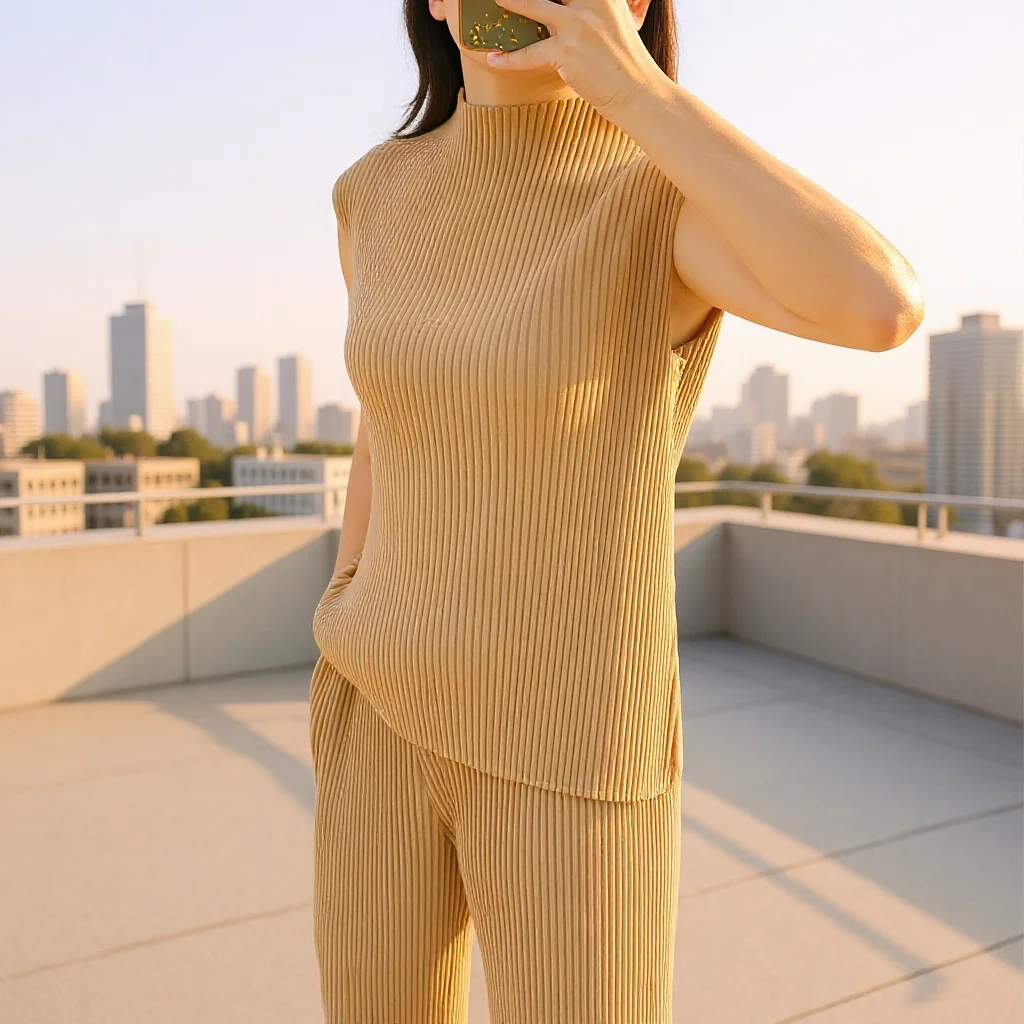 

Miyake Pleated 2026 New Tops Fashion Simple Solid Color Half-high Neck Undershirt Thick Toothpick Slim Hundred Sleeveless Tops