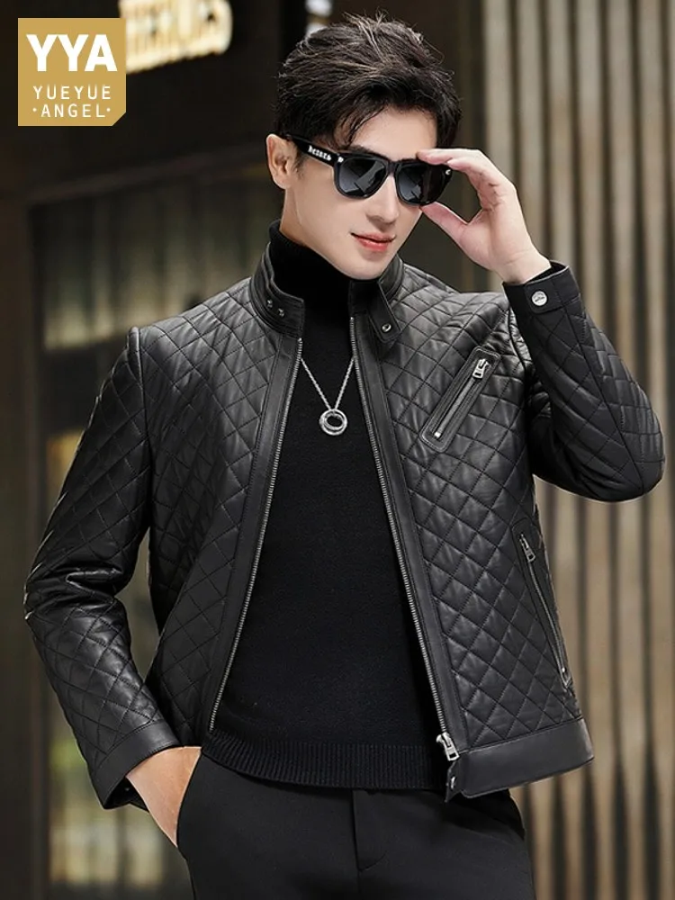 

New Men Stand Collar Slim Fit Motorcycle Sheepskin Genuine Leather Jacket Short Style Soft Leather Business Man Casual Work Coat