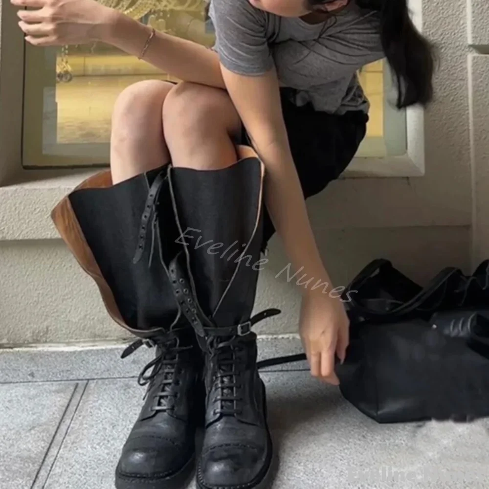 

Retro Catwalk Fashion Knee High Boots Women Round Toe Platform Cross Strap Chunky Heels Frosted Leather Boots New Knight Boots