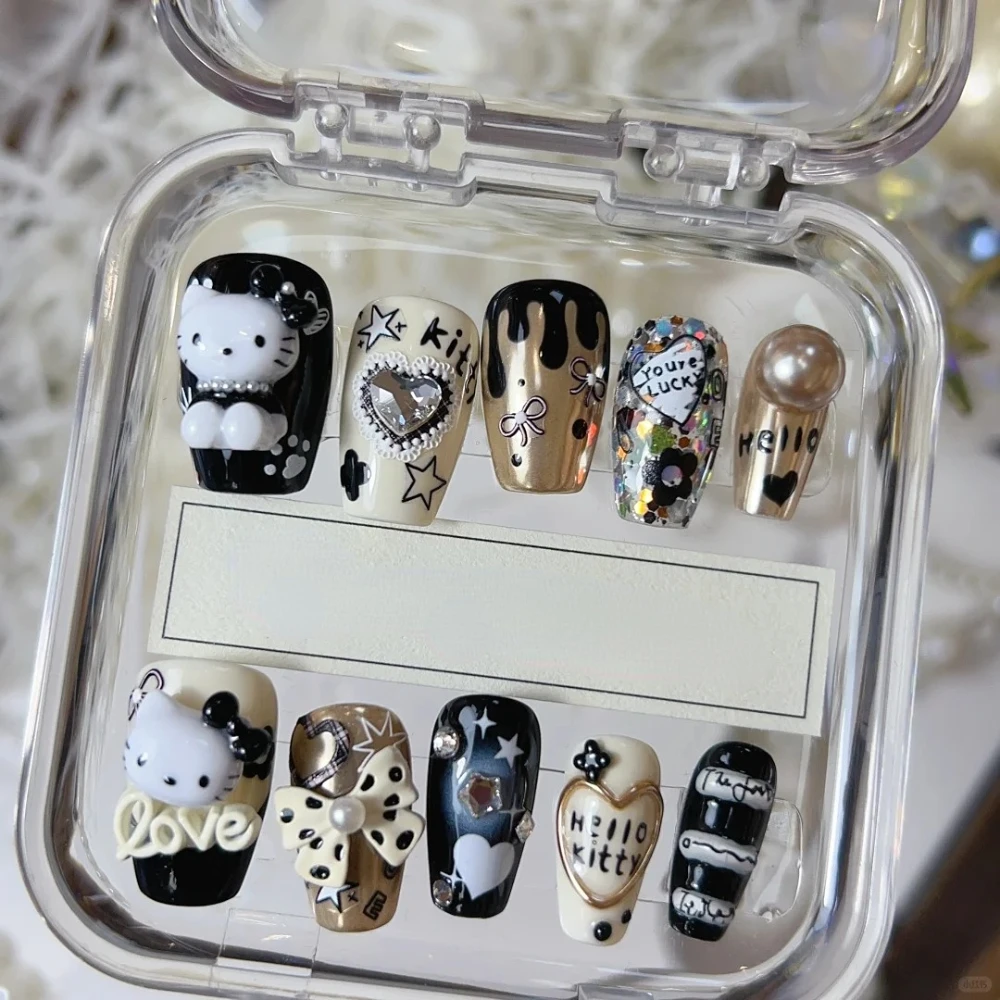 10 Pcs Handmade Press On Nails 2024 Christmas New Cute 3D Limited Kitty Short Coffin False Nails Design Art DIY Nails with Set