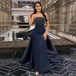Customized Strapless Sexy Backless Crystal Navy Blue Jersey Evening Dresses With Sweep Train Straight Floor Length Pageant Gowns