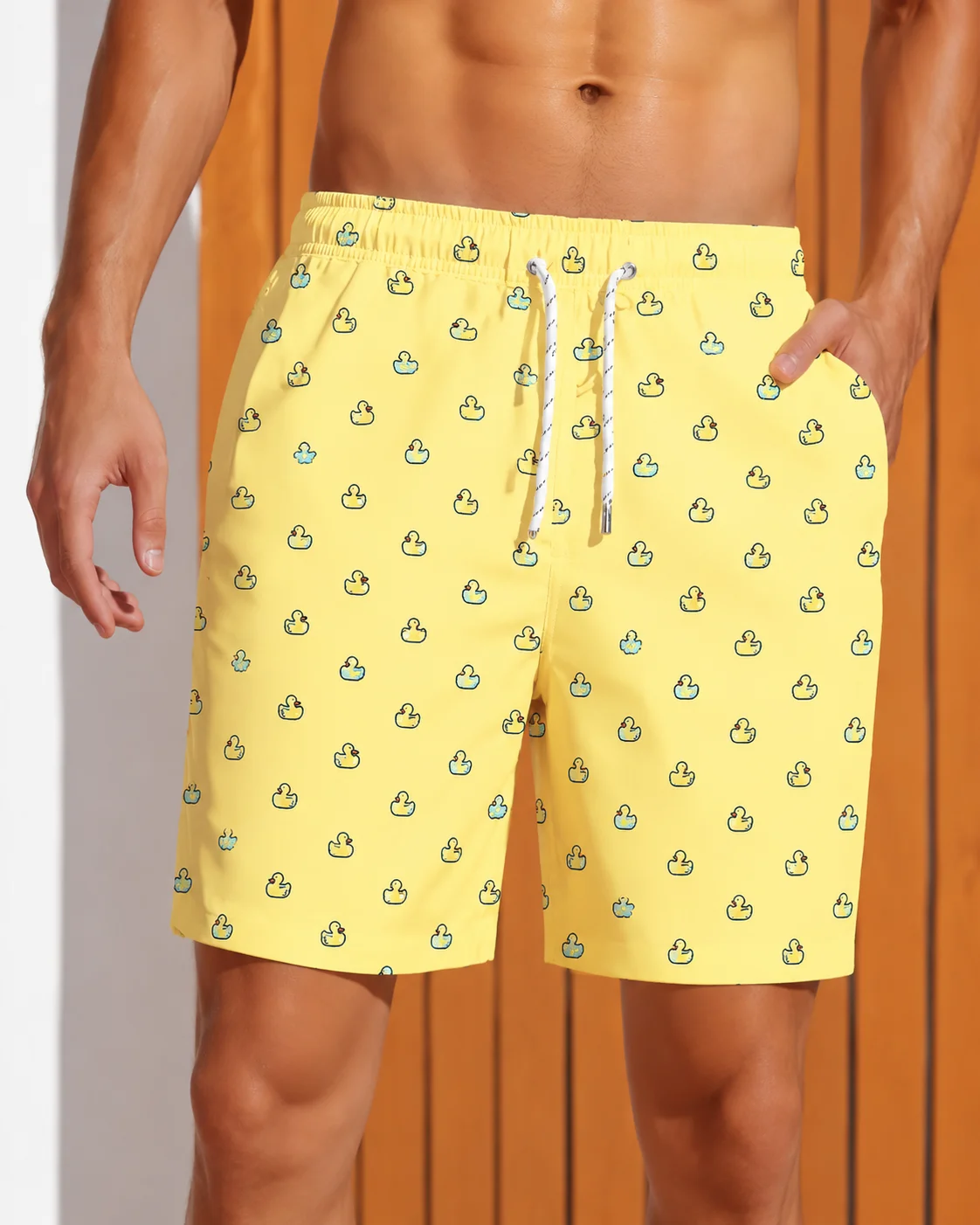 Mens Yellow Duck Print Swim Shorts Quick Dry Drawstring Beach Board Shorts with Pockets Summer Holiday Swimwear