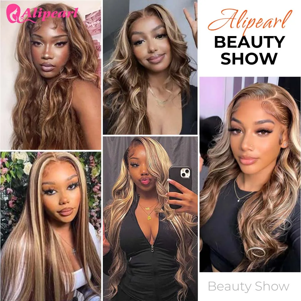 AliPearl Hair Hellbraunes Haar mit blonden Highlights Perücke # P4/613 Gerade und gewellte Echthaar-Spitzenperücken