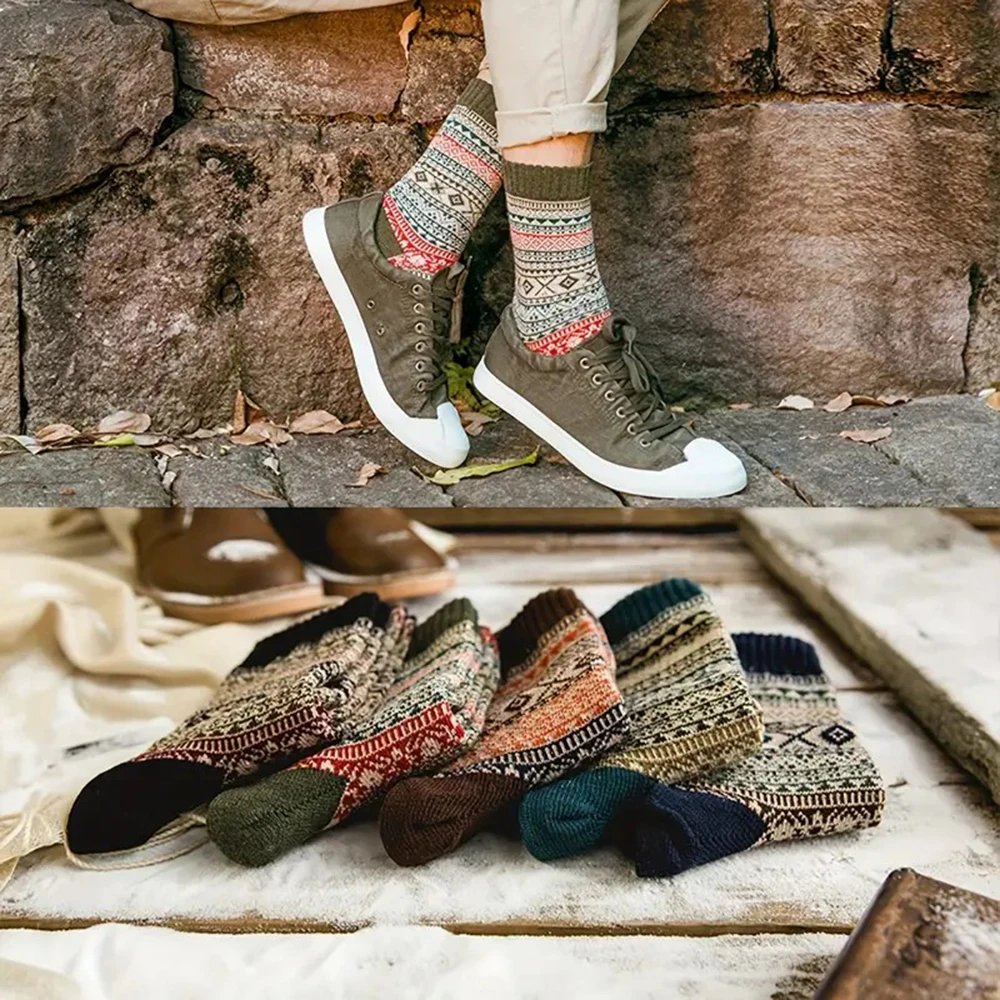 2/5 Pairs Autumn Winter Thick Warm Men Women Mid Tube Socks Soft Comfortable Fashionable Ethnic Style Outdoor Casual Socks