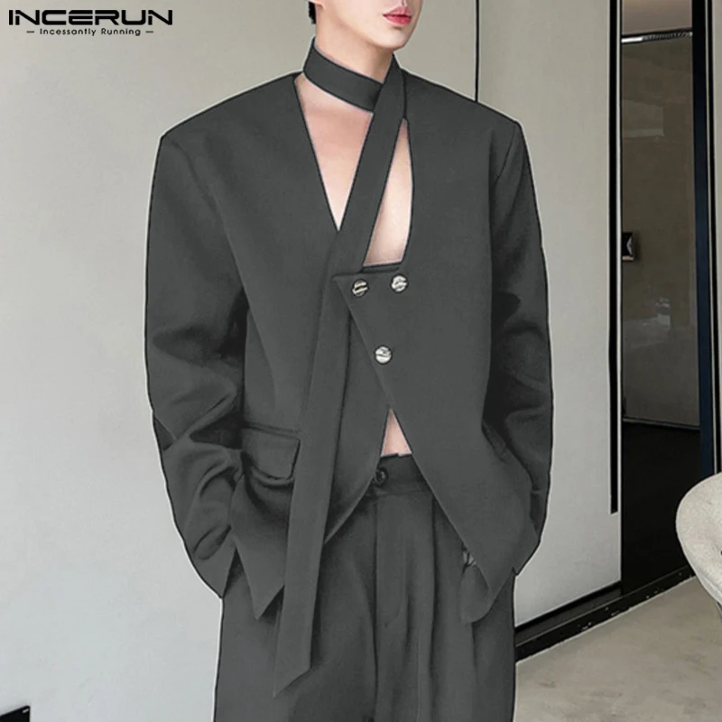 

INCERUN Men Fashion Blazer Strap Halter Neck Long Sleeve V Neck Hollow Out Sexy Party Wear Suit Stylish Male Outfits Coat