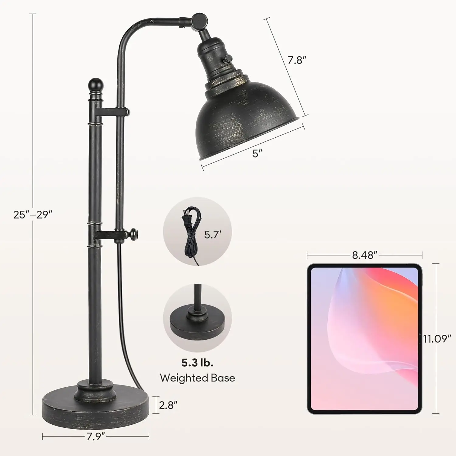 Regulowana lampa biurkowa przemysłowa w wykończeniu postarzanego brązu, wysokość 63-74 cm, lampa robocza w stylu vintage z certyfikatem ETL