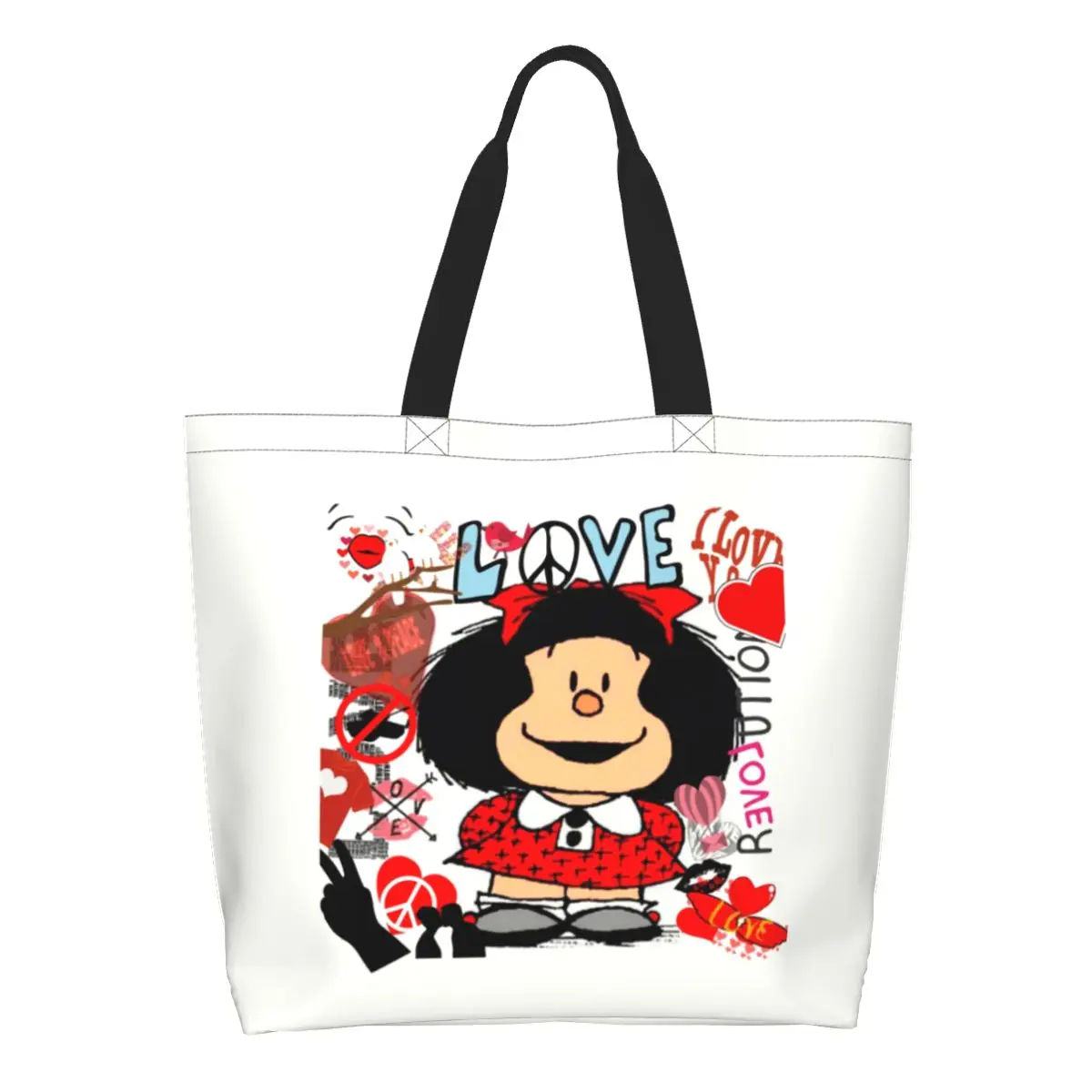 Custom Love And Mafalda Surrounded By Hearts Funny Print Canvas Shopper  Tote  Capacity Durable Fashion Manga Cartoon Handbag