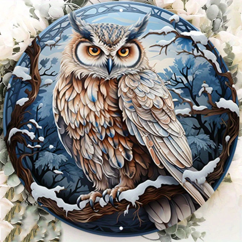 Round Aluminum Metal Sign, Wear Sign, A Owl Is Perched on A Branch in An Icy Snowy Landscape, Decorative Wall Poster, 8x8in