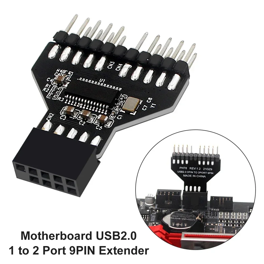 Motherboard 1 To 2 Ports USB 2.0 9-Pin Front Panel Connector Water-Cooled RGB Lamp Fan Mainboard Cable Adapter for Desktop PC