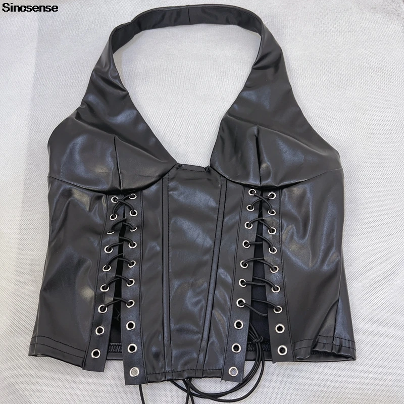 Camiseta sin mangas de cuero PU para mujer, Top Sexy sin mangas con cordones y espalda descubierta, Top corto de imitación, chaleco asimétrico Y2K Night Out Club Party Tops