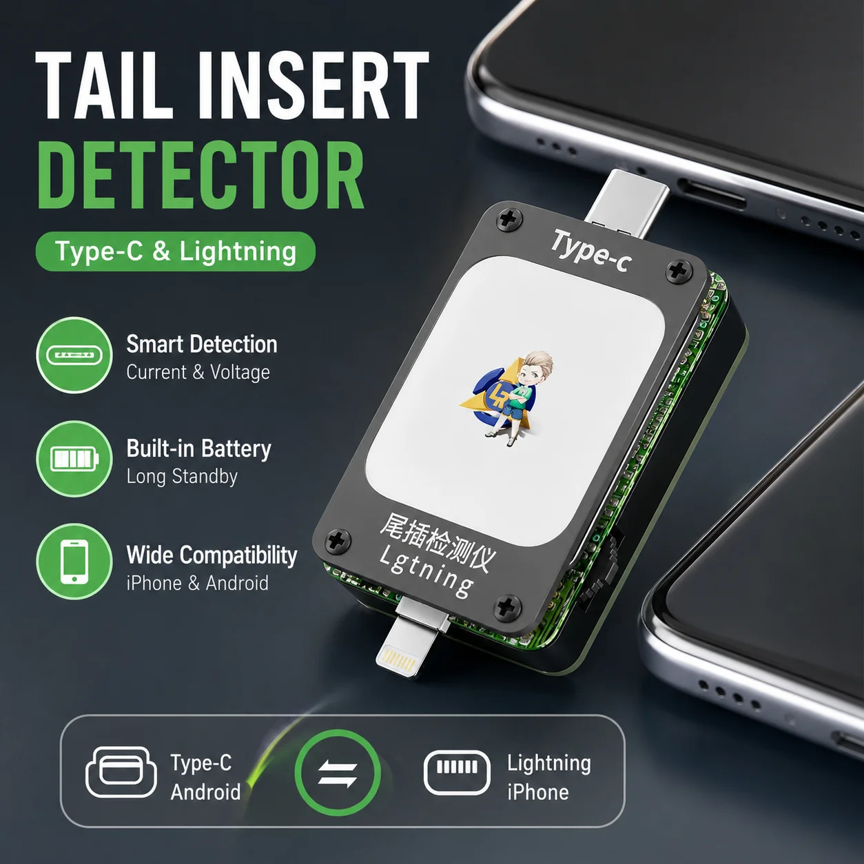 LANRUI SE-II Tail Plug Detector Current Voltage Tester for Type-C Lightning Phone Port Charging Repair Tool