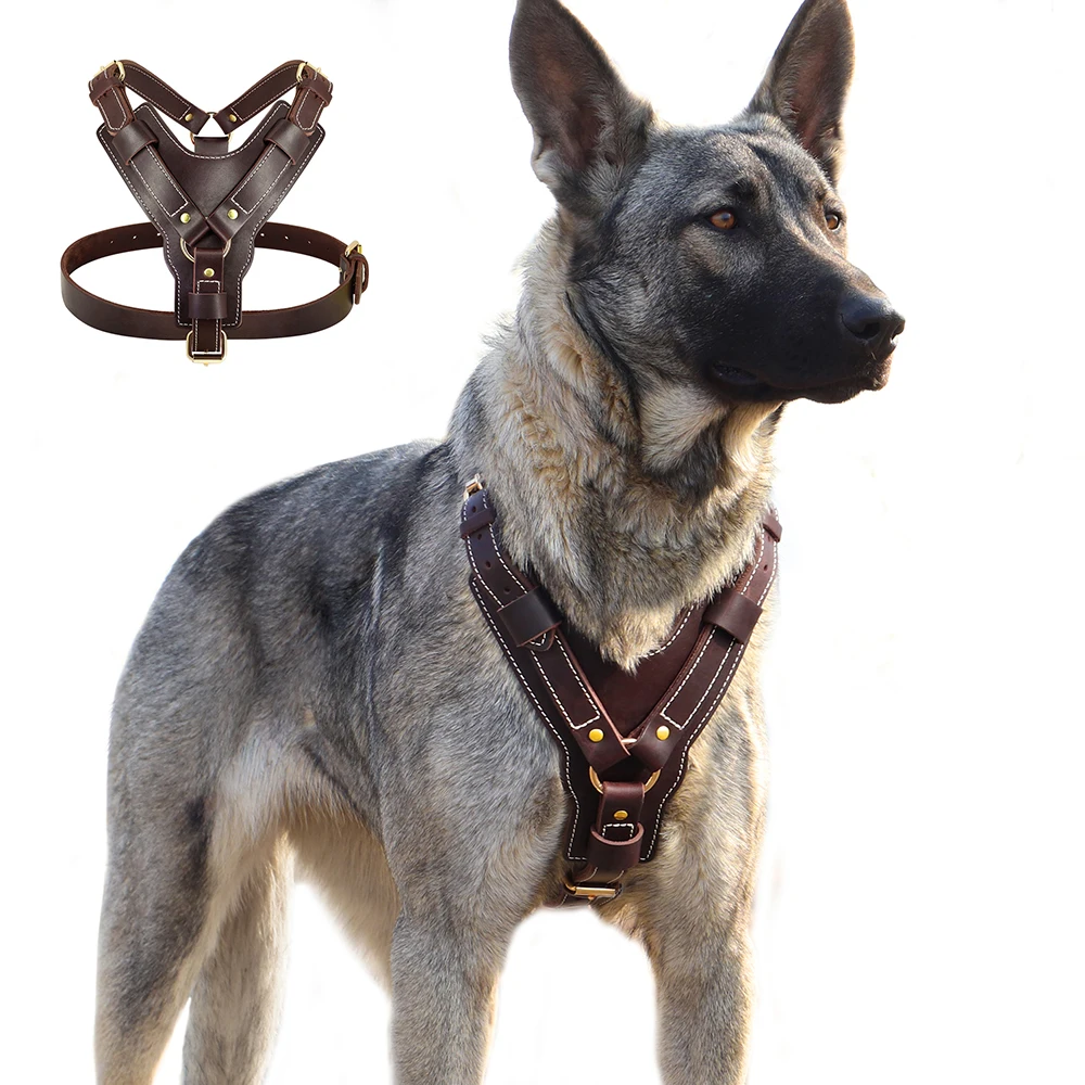 Durable Genuine Leather Dog Harness Large Dog Harness Vest Adjustable Strap for German Shepherd Labrador Husky Walking Training