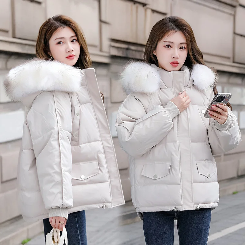 

2023 New Warm Thicke Down Jacket Women Winter Short Jacket Loose Hooded Fur Collar Cotton Coat Korean Female Parkas Basic Coats