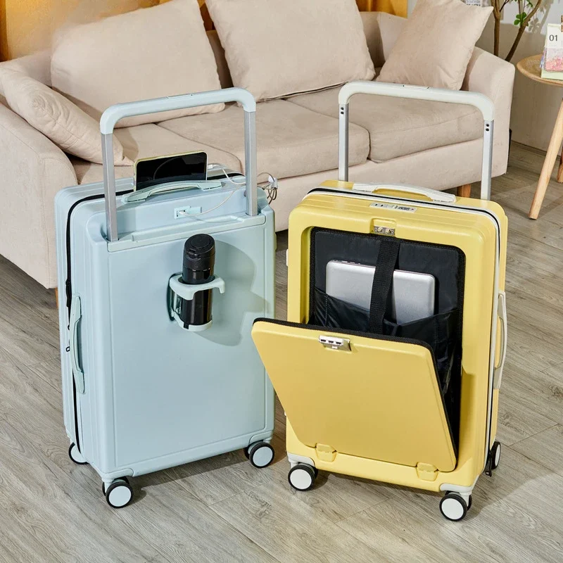 

Multifunctional Suitcase Pop-up Front Opening Wide Trolley Case 20Inch Boarding Box with USB Port Water Cup Holder Lugg