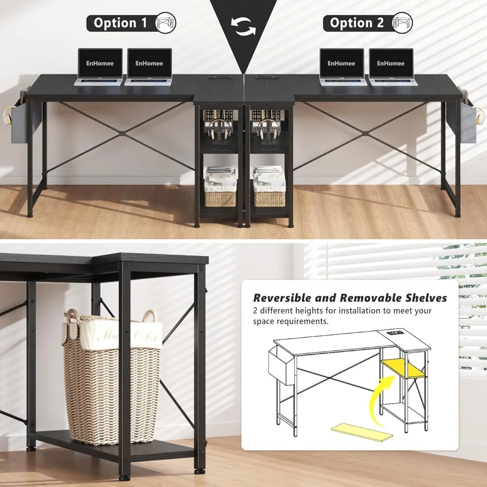 47" Computer Desk with Power Outlets,L Shaped Desk with Storage Shelves,Home Offic Corner Desk for Work,Writing Study