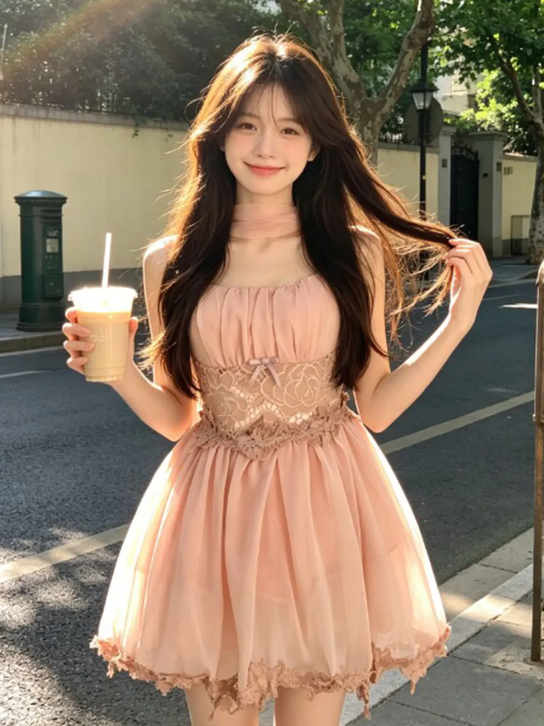 

Sweet Soft Style Bow Waist Puffy Strap Short Skirt Dress Summer 2026 French Style Lace Insert Slim Fit Cotton Midi Dress