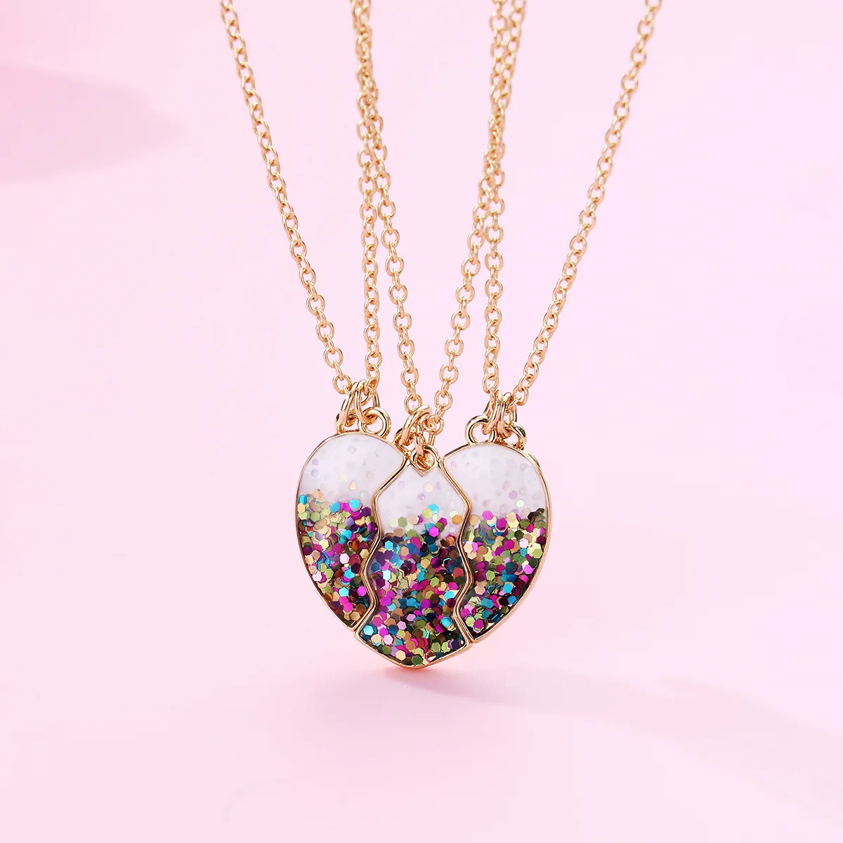 Fashion Love Heart Patchwork Necklace Women Men Three Pieces Fine Sequins Magnetic Pendant Collarbone Chain Good Friend Gift Set