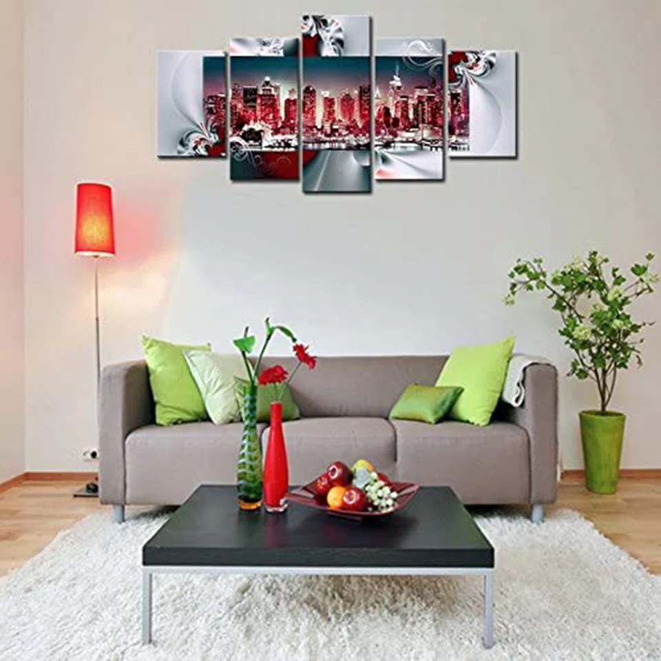 New York Diamond Painting Living Room Decor 5 Pieces Modern Cityscape New York City Skyline Red and White Abstract City Picture