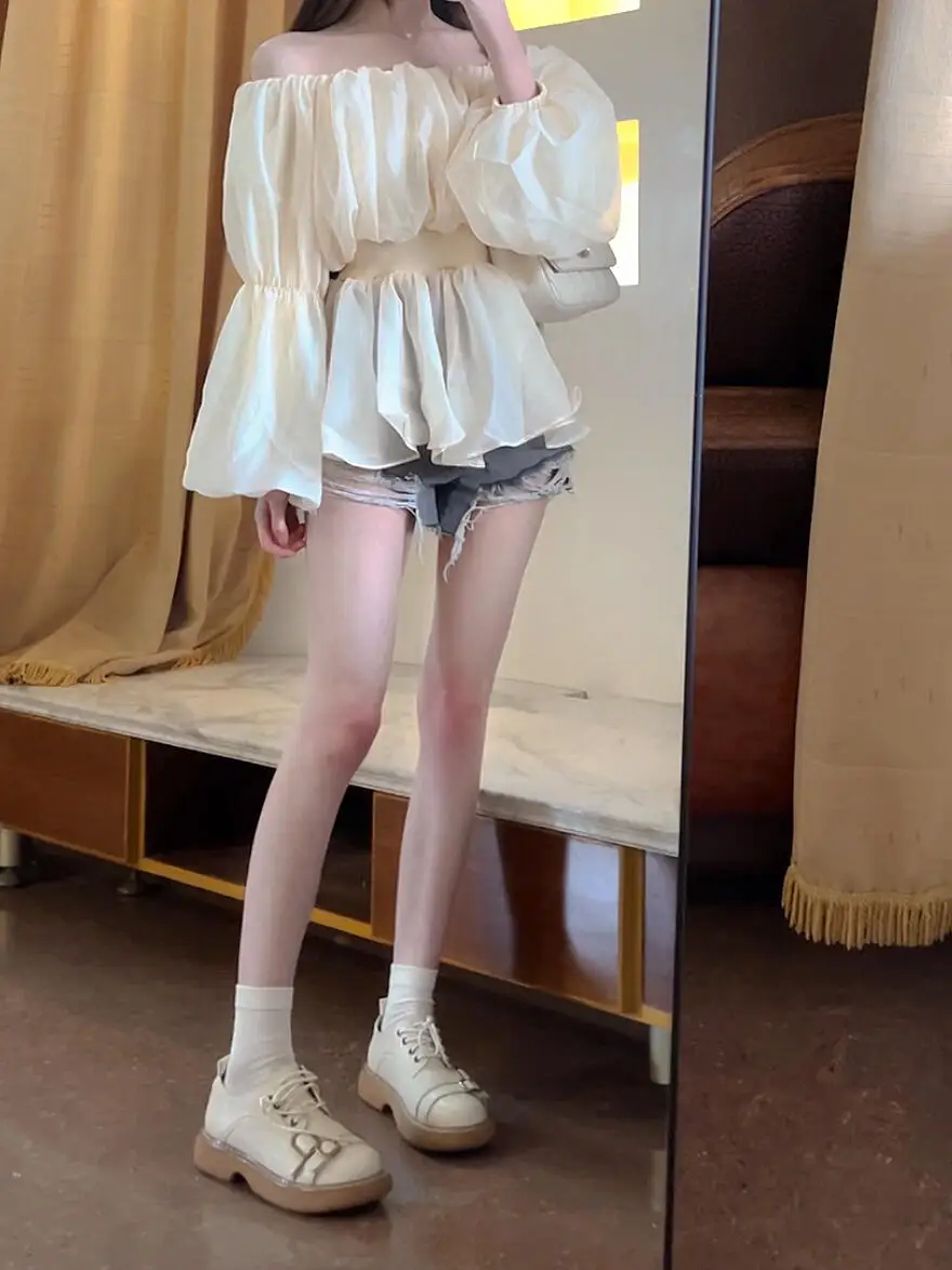 

Женская модная рубашка цвета шампань с рукавами-фонариками, в корейском стиле, на одно плечо, плиссированная, из полиэстера, весна-осень