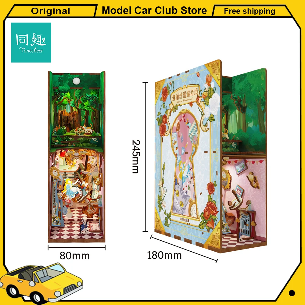 Tonecheer Alice en el país de las Maravillas libro Nook casa de muñecas DIY Diorama modelo Kit 3D rompecabezas de madera sujetalibros decoración regalo de cumpleaños