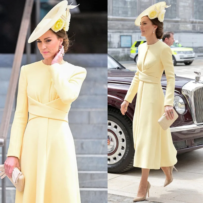 Kate Middleton Early Fall New Arrival Womens Round Neck Long Sleeve Waist Cinched Wrap Midi Dress Yellow Flowy A Line Silhouette