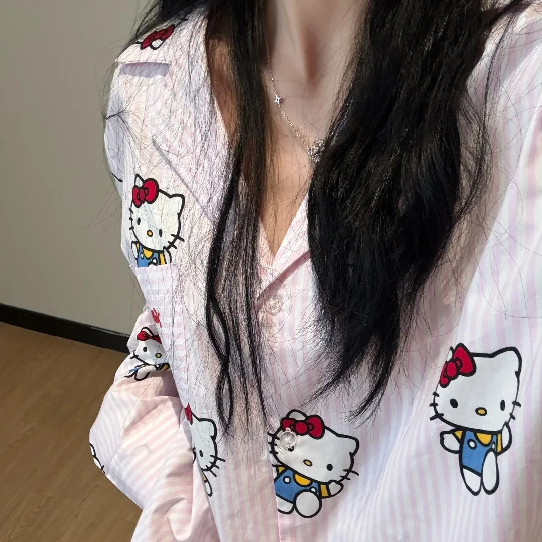 

Sanrio Hello Kitty, милые пижамы, женские корейские весенне-осенние топы с длинными рукавами, брюки, домашняя одежда, розовая одежда для сна для школьниц