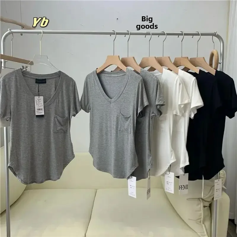 Modal Cotton V-neck T-shirt Women's Loose-fit Korean Style Medium-length Base Layer Top Short Sleeves Casual V-neck Top