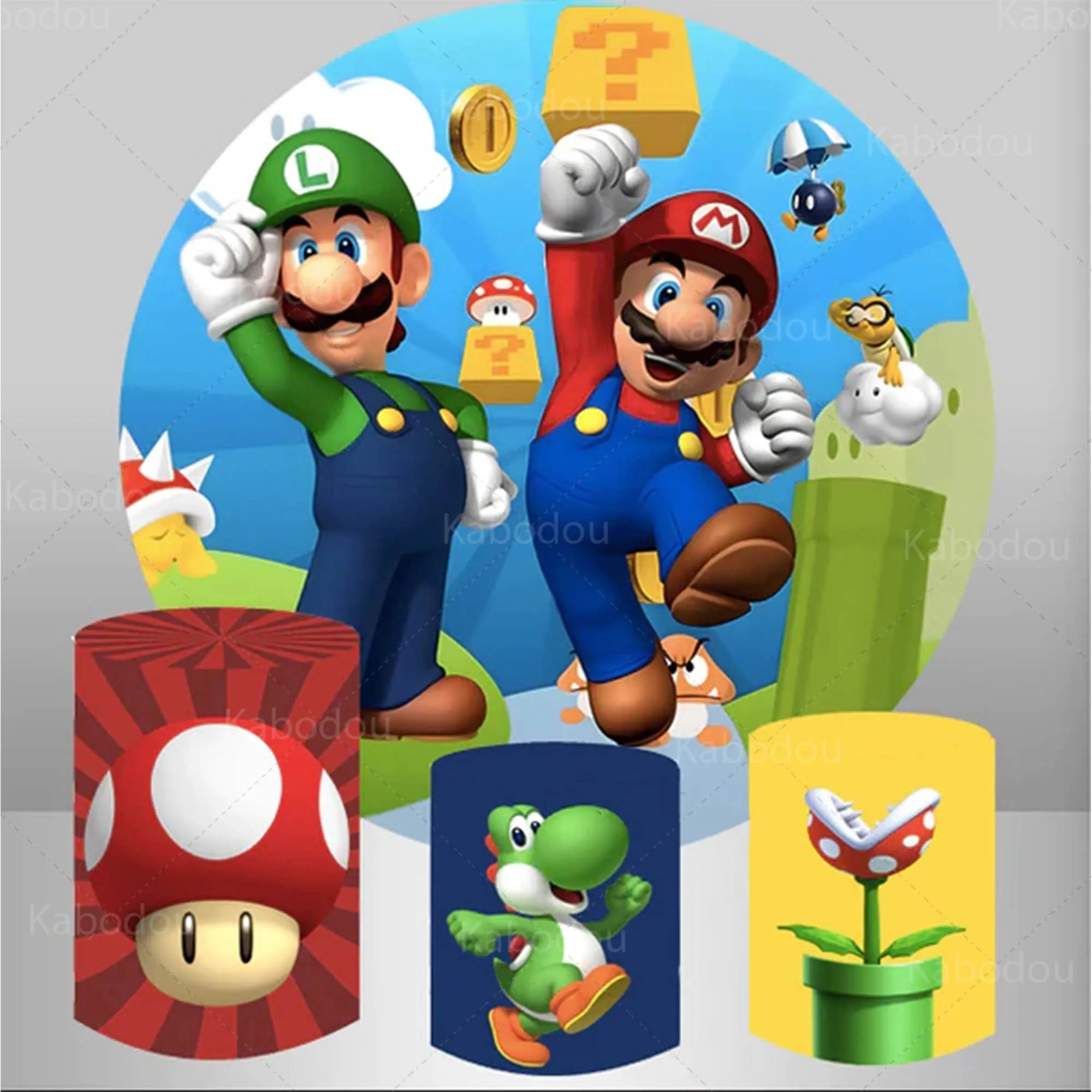 

Super Mario Bros Backdrop for Birthday Party Decoration Round Photography Background Baby Shower Mushroom Cylinder Cover Prop