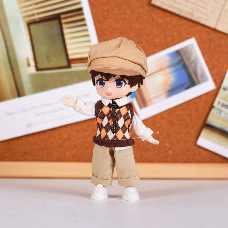 Obitsu 11 Doll Clothes British Style Student Uniform Grid Vest Pants with Hat 5-Piece Set Baby Toys Dolls Diy Handmade Dress Up