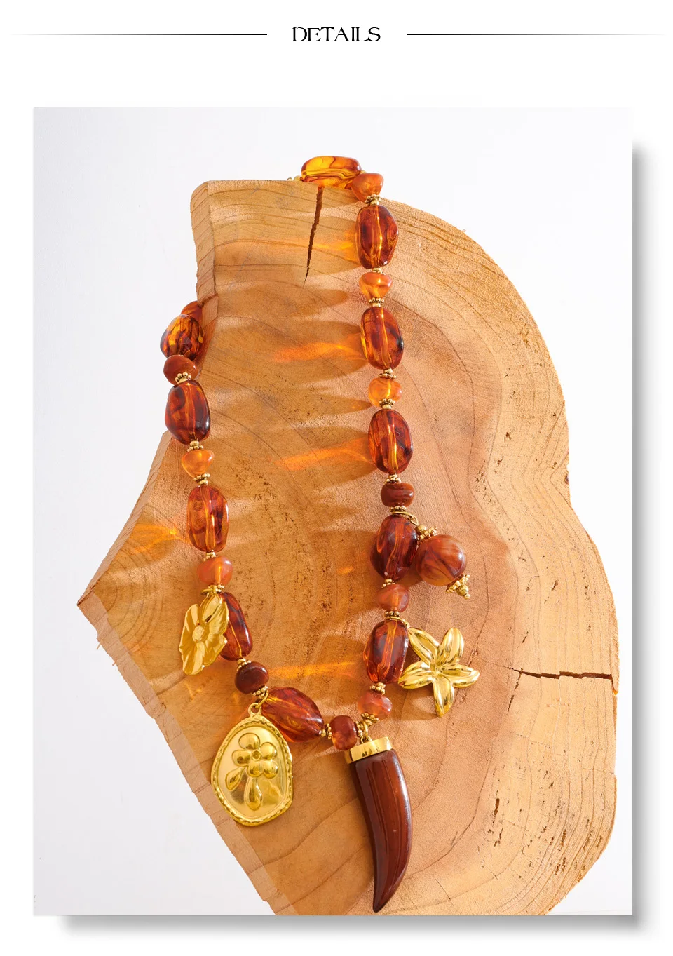 Yhpup Handgemachte Halskette Wasserdicht Bernstein Harz Perlen Kette Horn Blume Statement Halskette Edelstahl Schmuck Zubehör – Detail 8